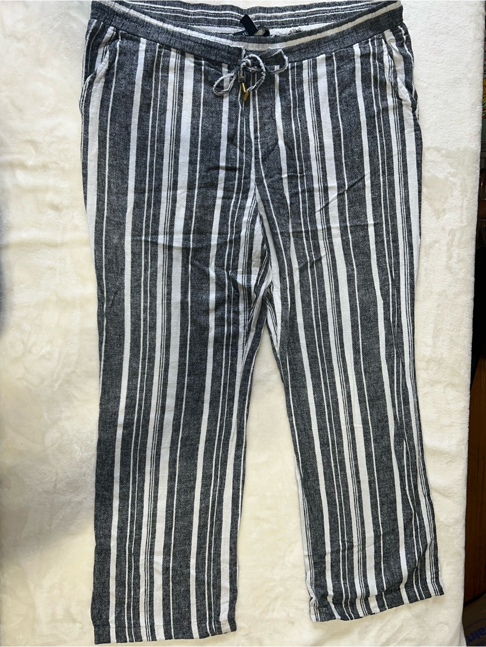 Ellen Tracey Black, Grey & White Striped Linen Pants